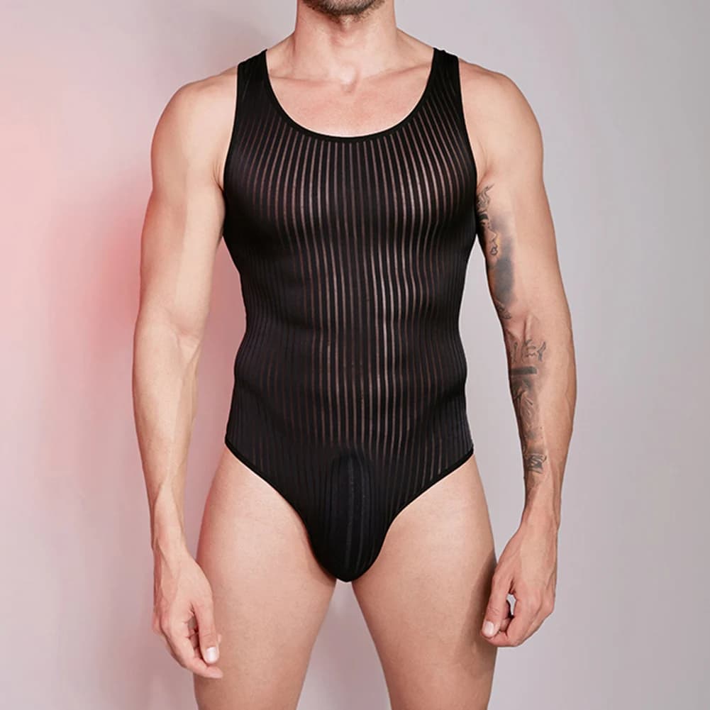 Male Lingerie Mens Bodysuit Shiny Sleeveless Swimwear Fitness Glossy High Elastic Lightweight Medium Strecth Perspective