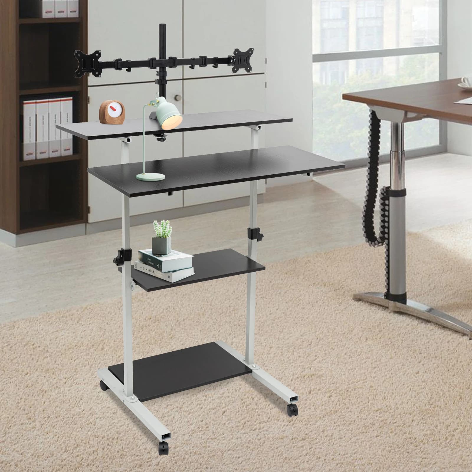 Scrivania da Lavoro a 4 Livelli Regolabile, Carrello Portatile per Laptop con Ruote e Organizzatore Cavi
