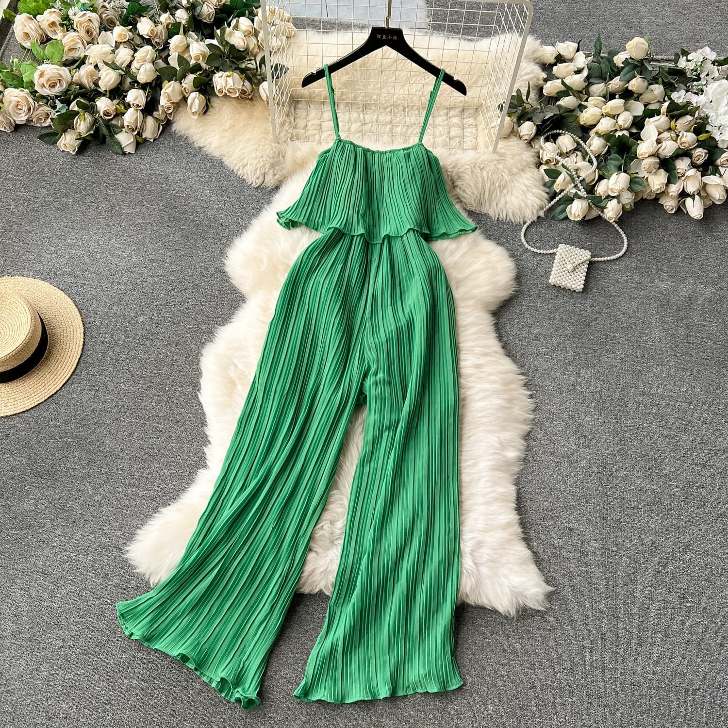 Tuta allentata da vacanza con cinturino senza schienale pagliaccetto sottile Streetwear donna INS tuta intera stile spiaggia tute pieghettate