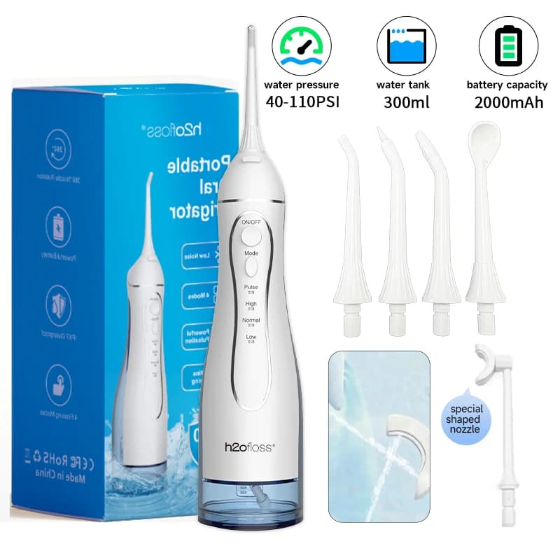 H2ofloss Water Flosser 300ml Irrigatore orale 140PSI con design a sfera a gravità 5 modalità 5 punte USB ricaricabile per la pulizia dei denti