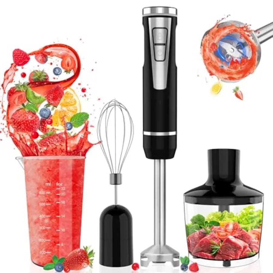 Frullatore a Immersione Senza Fili: Frullatore Portatile 4-in-1 con Tritatutto da 500ml, Bicchiere da 600ml, Frusta per Uova, 8 Velocità
