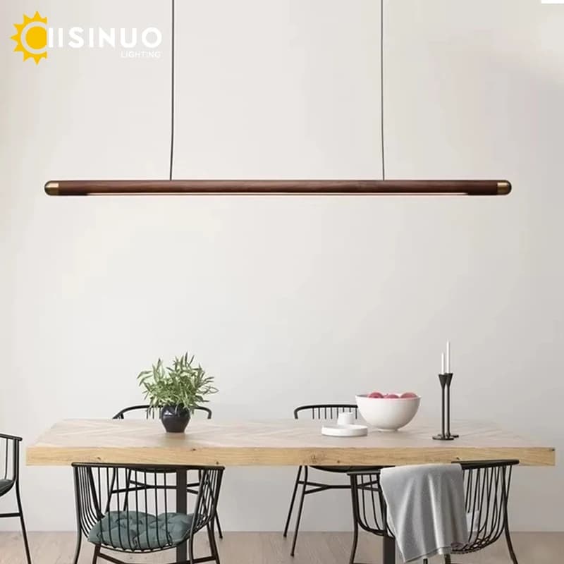Minimalist Black Walnut Hanging Pendant Light Solid Wood Dining Lamp LED Long Strip Indoor Lighting for Living room Kitchen Deco