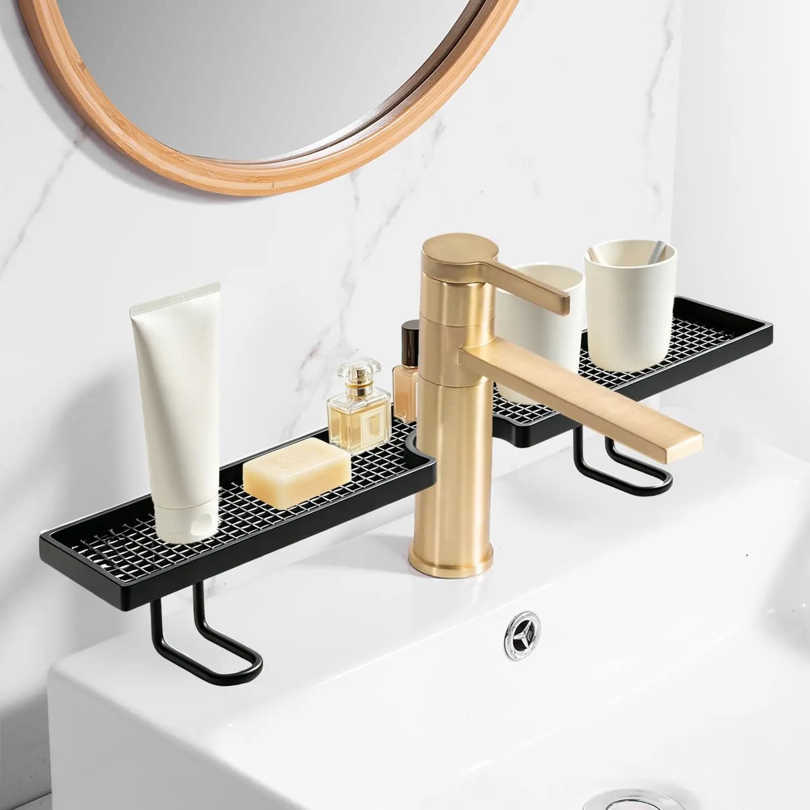 No Drill Quick Drainage Bathroom Sink Shelf Over Faucet for Toothbrushes Cups Cosmetics Shampoos Kitchen Hotel Dormitory