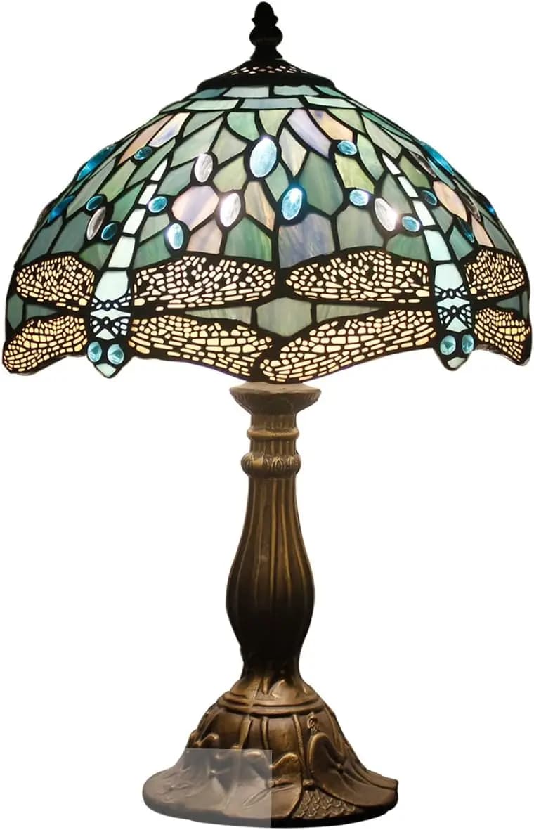 Tiffany style blue colored glass table lamp with dragon shape design, 12x12x18 inch, desk reading lamp