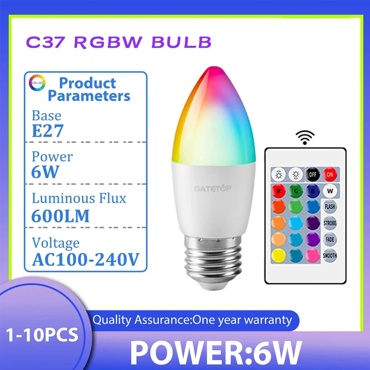 1-10 Pezzi Lampadina LED RGB a Candela 6W E27 con Telecomando a 24 Tasti, Dimmerabile AC100-240V, Luce Cambiacolore per Camera da Letto e Soggiorno