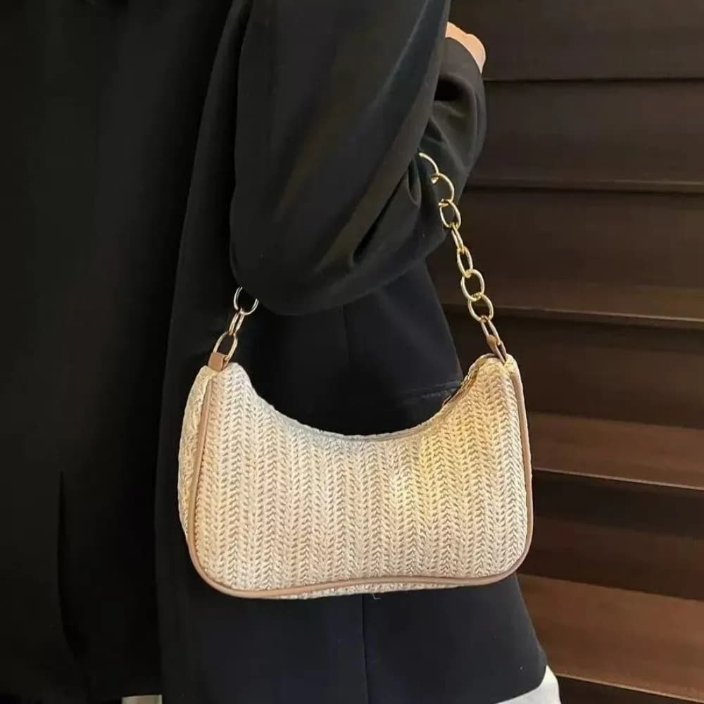 Elegant Bohemien Shoulder Bag in Paglia, Quadrata, Tinta Unita, da Spiaggia, con Catena e Cerniera, Intrecciata, Sottospalla, Estiva