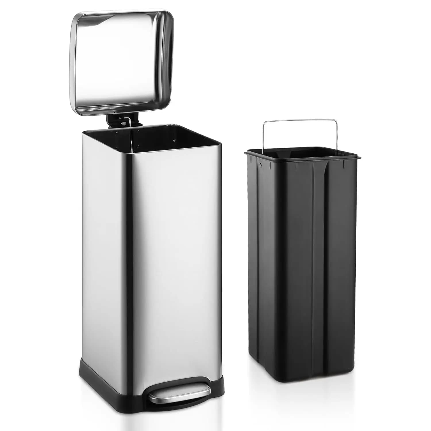 Pattumiera da cucina da 8 galloni, bidone della spazzatura da 30 litri con secchio interno rimovibile, bidone per il riciclaggio con gradini quadrati con coperchio Soft-Close