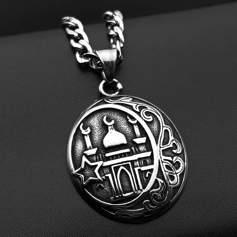Collana con Ciondolo Luna Stella Allah Islamico Arabo per Donne e Uomini, Colore Argento, Acciaio Inossidabile 316L, Gioielli con Catena a Forma di Moschea