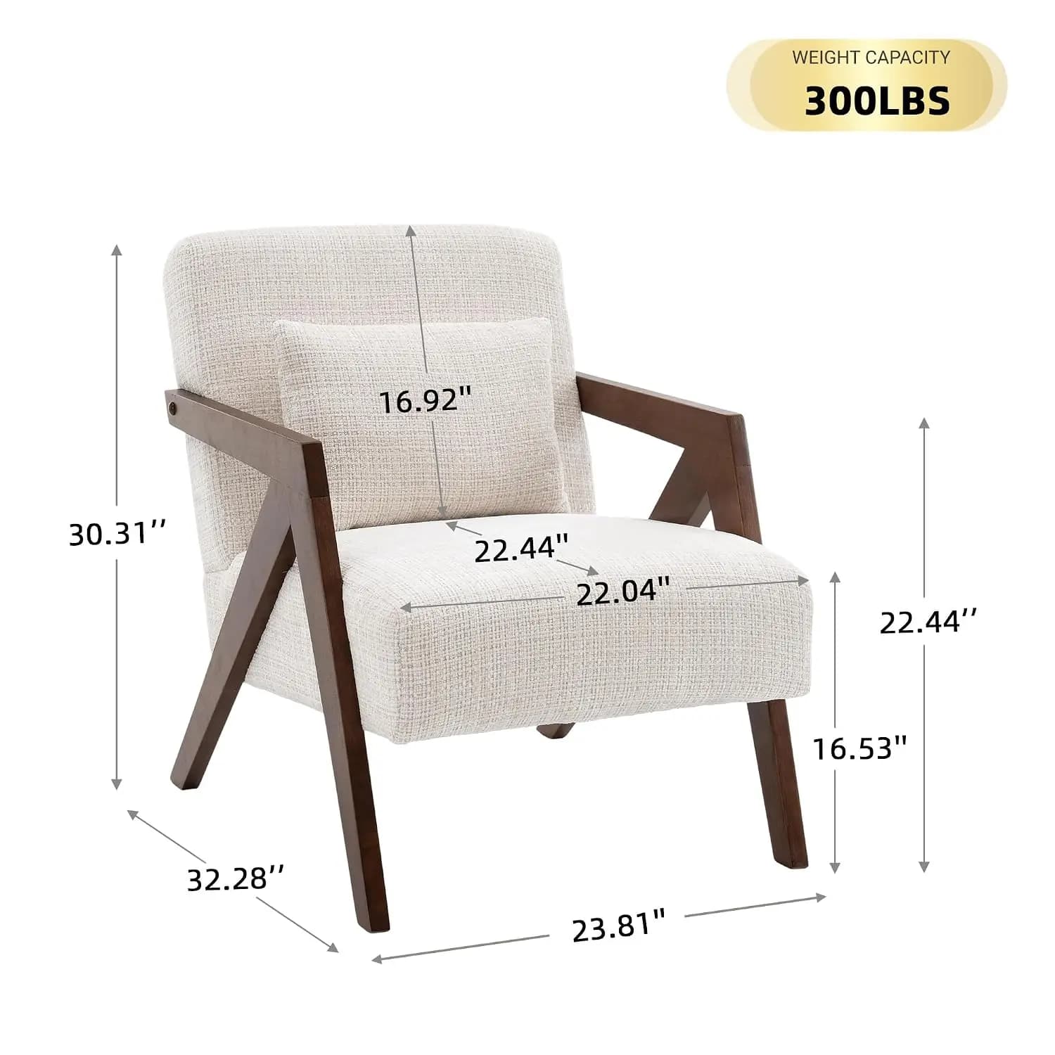 Mid-Century Accent Chair Solid Wood Frame Chenille Armchair Pillow Bedroom Living Room Balcony Beige, Customized