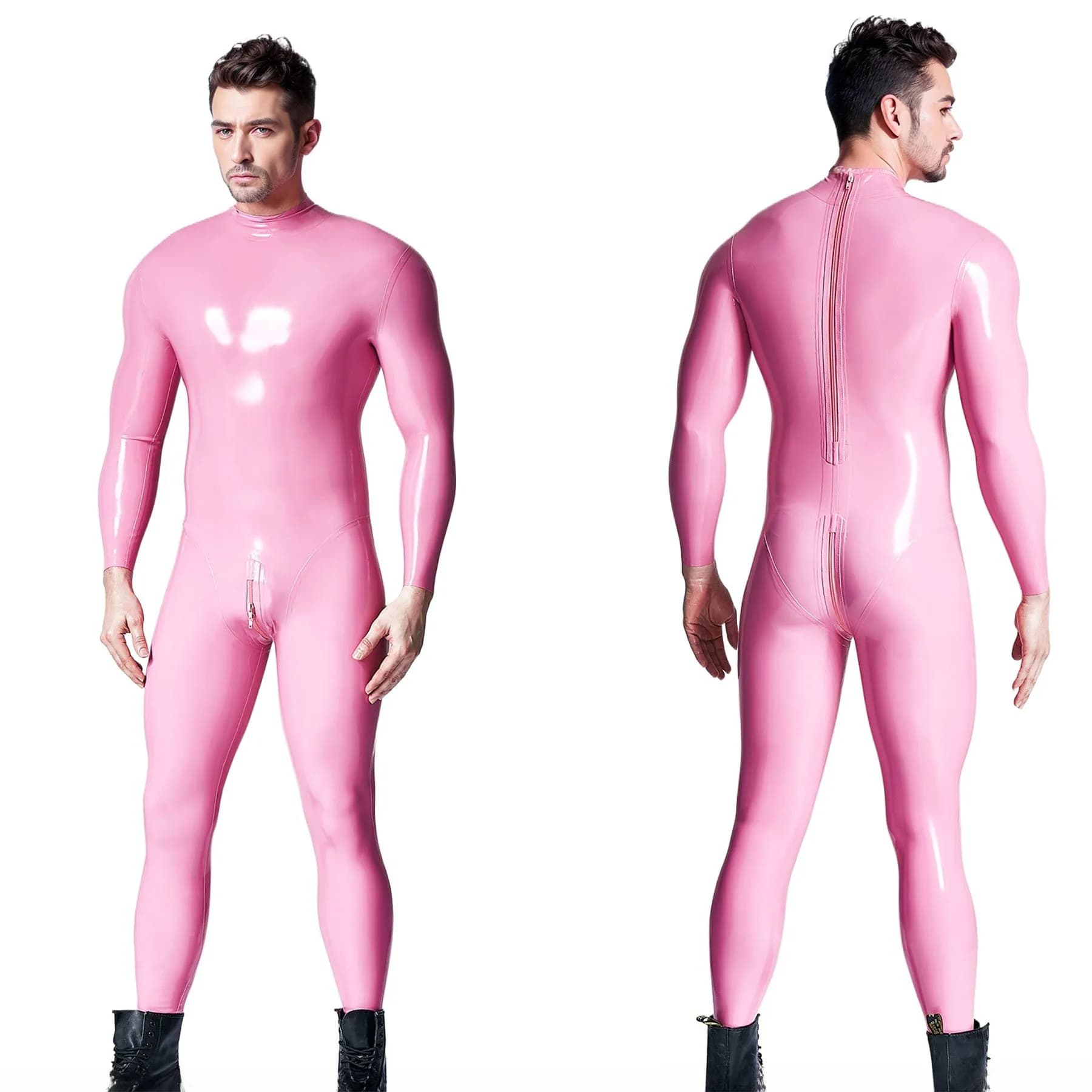 Catsuit in lattice rosa fatto a mano, a maniche lunghe, con zip frontale, aderente, in gomma, per cosplay, feste e occasioni speciali.