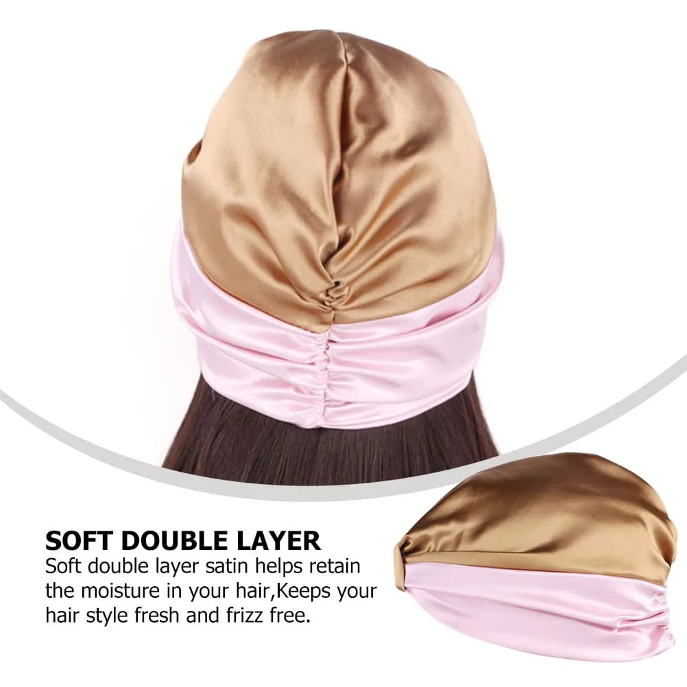 Cofano da notte in poliestere Copricapo da notte in raso a doppio strato da donna Cuffia da bagno elastica rosa Cura dei capelli Anti crespo Confortevole