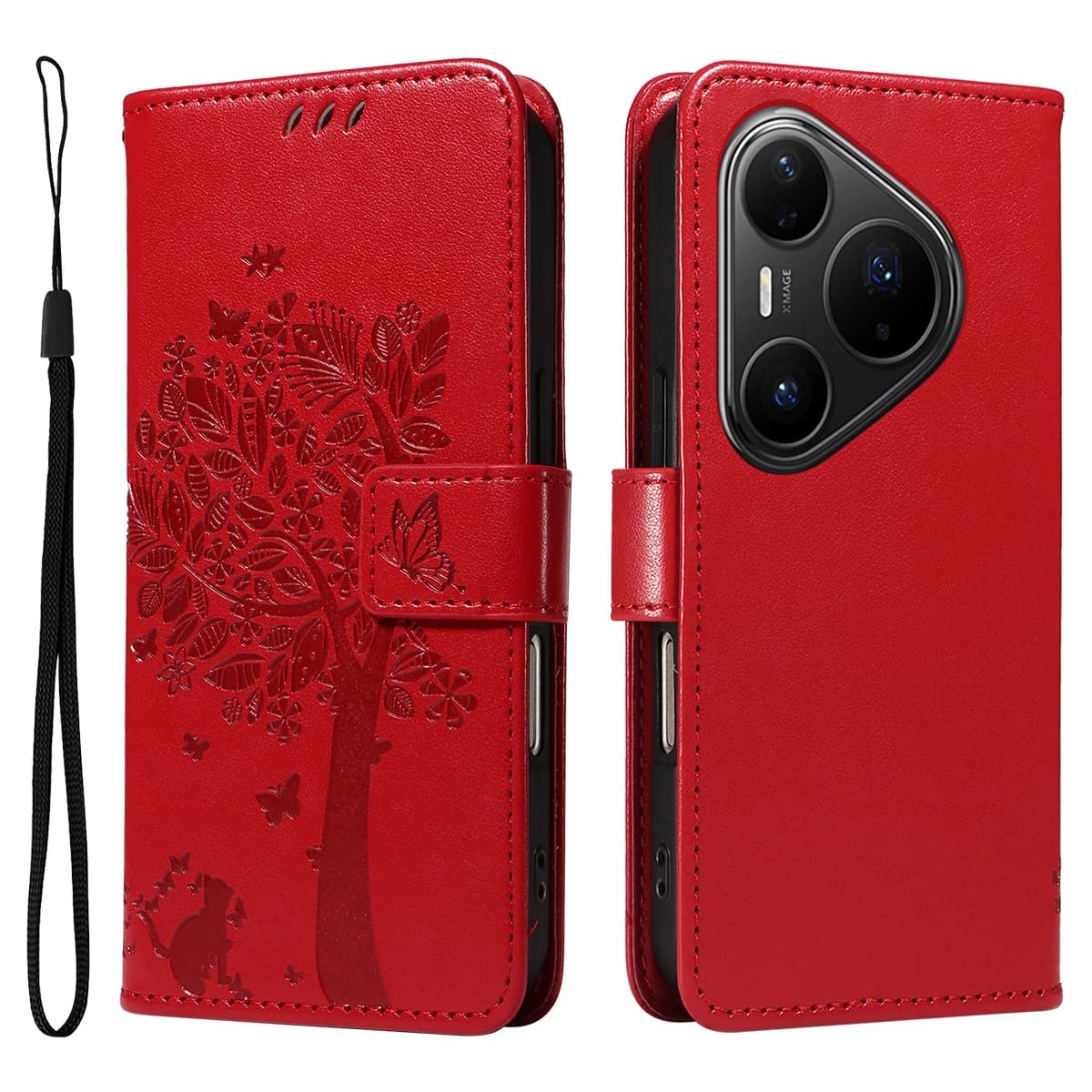 Per Huawei Pura 80 Pro+ / Custodia per telefono Huawei Pura 80 Pro con supporto Portafoglio in pelle con motivo albero di gatto - Rosso