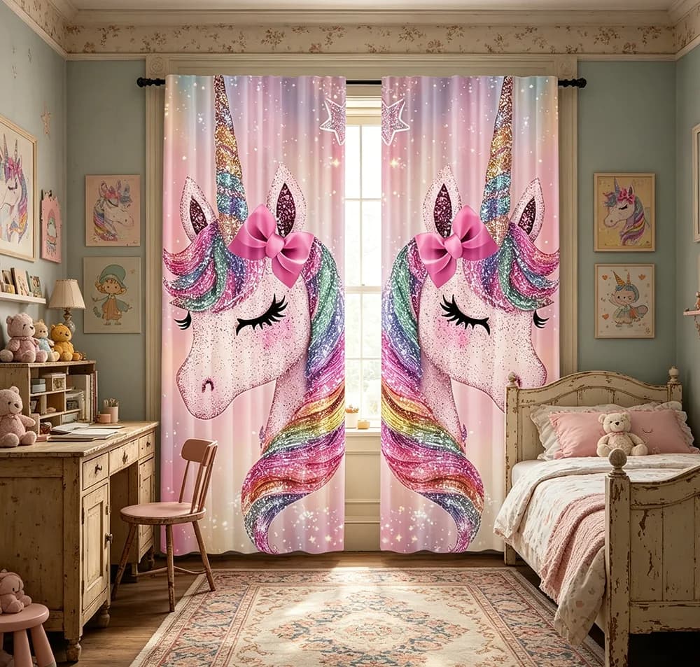 2PCS Digital Printed Curtains, Magic Hair Unicorn Fantasy Rainbow Kids, Window Curtains for Living Room Bedroom Home Decoration