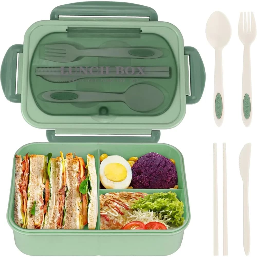 Contenitore per il pranzo Bento da 1200 ml per adulti, per ufficio e picnic, contenitore a tenuta stagna con utensili, 3 scomparti, adatto al microonde