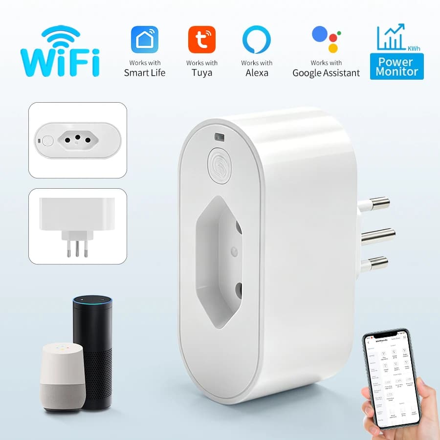 Tuya Smart Plug Brazil Standard 16A WiFi Socket with Power Monitor, APP Voice Control Outlet for Alexa Google Home