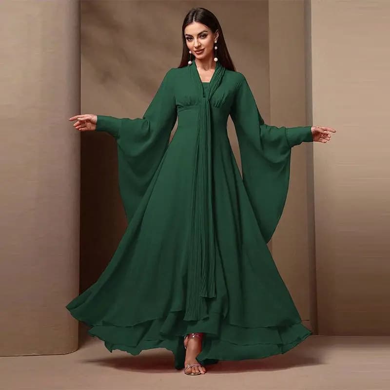 Elegante Abito in Chiffon per Feste di Compleanno e Banchetti, Vestito Lungo con Vita Alta, Maniche a Lanterna e Coulisse in Fibra di Poliestere