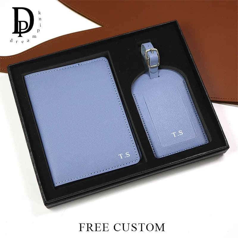 Set porta passaporto con lettere personalizzate con scatola incisa iniziali Etichetta per bagagli in pelle PU di lusso Regalo di nozze all'ingrosso Regalo di viaggio
