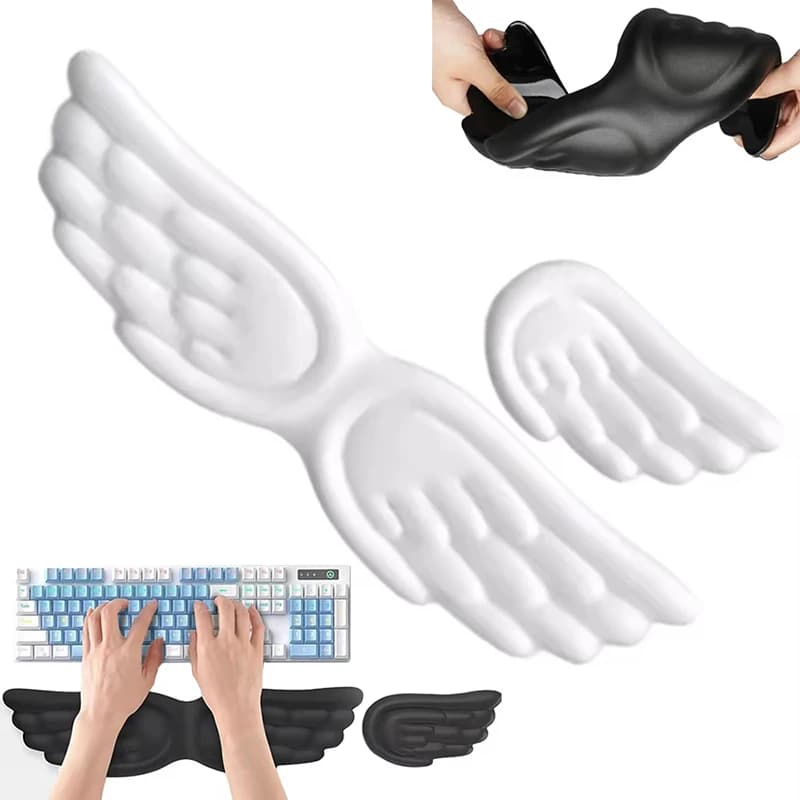 Set Tappetino per Mouse e Poggiapolsi Ergonomico a Forma di Ali d'Angelo, in Memory Foam Antiscivolo con Silicone, Protezione per Polsi