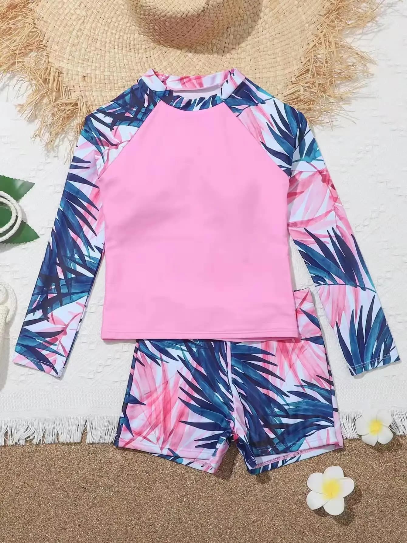 Swimwear Girl 2024 New Pink Print Long Sleeve Kids Swimwear Summer Kids Beach Wear Shorts Swimwear for Girls