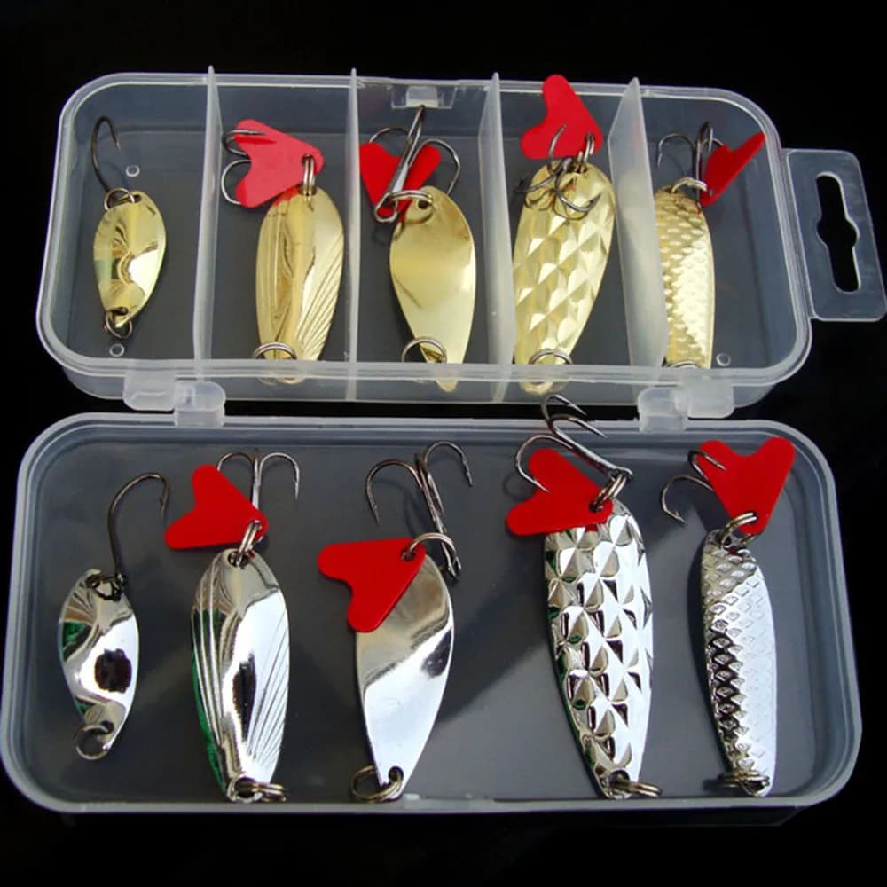 10PCS/box Gold And Sliver Metal Jig Spoon Spinner Fishing Lure Wobbler Bait Set with Fishing Tackle Box Kit For Fishing