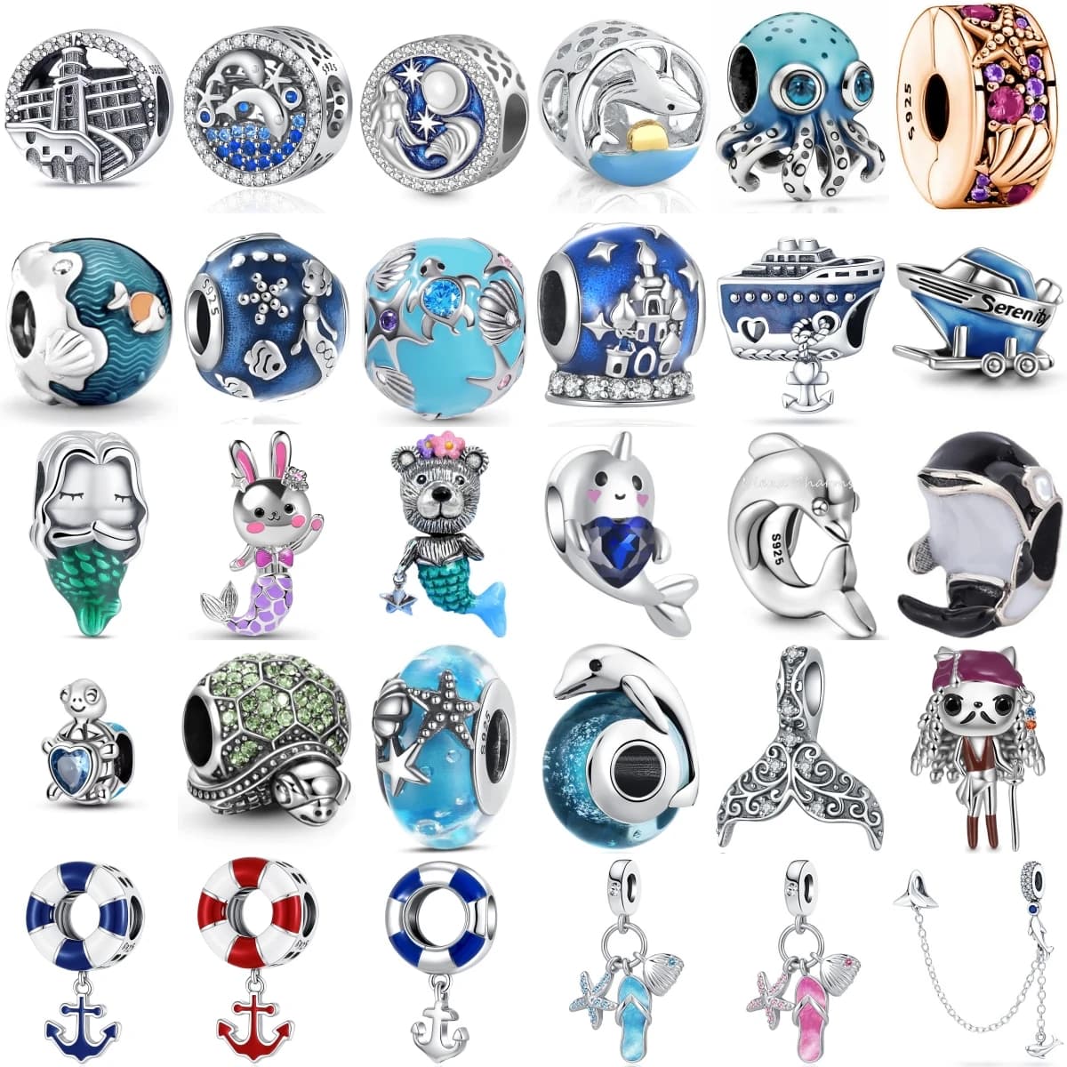 925 Sterling Silver Ocean Series Charm Beads Mermaid Dolphin Octopus Turtle Starfish Anchor Boat Bead Fit DIY Summer Gift