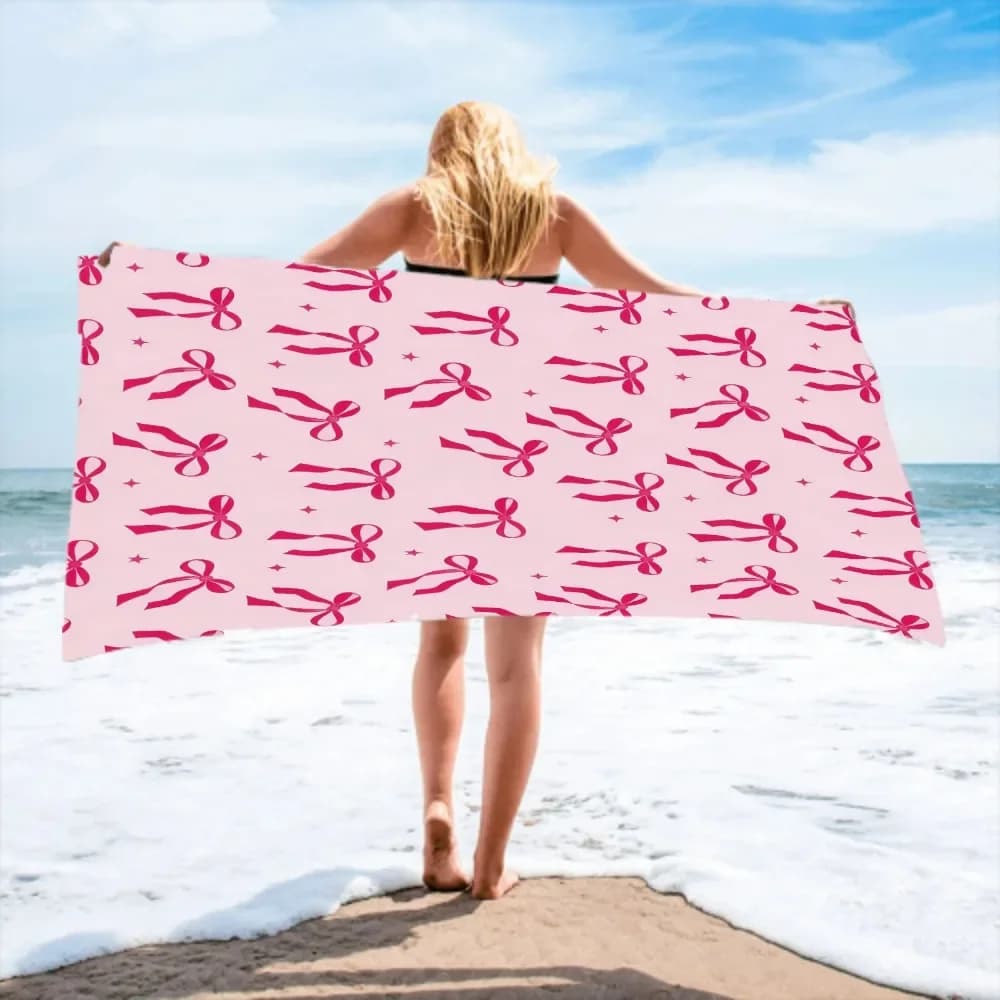 Telo Mare in Poliestere ad Asciugatura Rapida, Grande Coperta da Bagno Anti-Sabbia con Stampa Cuore e Fiocco Rosa per Piscina, Nuoto, Vacanze, Viaggi