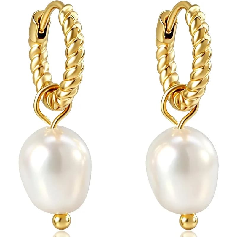 Pearl Earrings VeroSteel Dangle Earrings for Women, Daint Gold color Huggie Hoop Earrings with Pearls, Trendy Pearl Drop Earrings, Stainless Steel Hypoallergenic Stud Earrings For Sensitive Ears