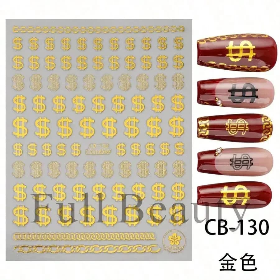 New Year's Nail Stickers, Decorations for Nail Art with Patterns of Dollars in Gold Blade