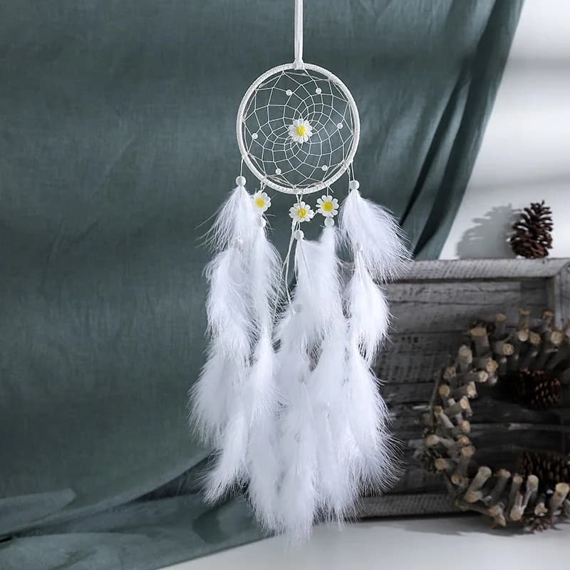Nordic White Feathers Dream Catchers With Flower Wind Chimes Wall Hangings Handmade Ornaments Home Decorations For Gilrls Gifts