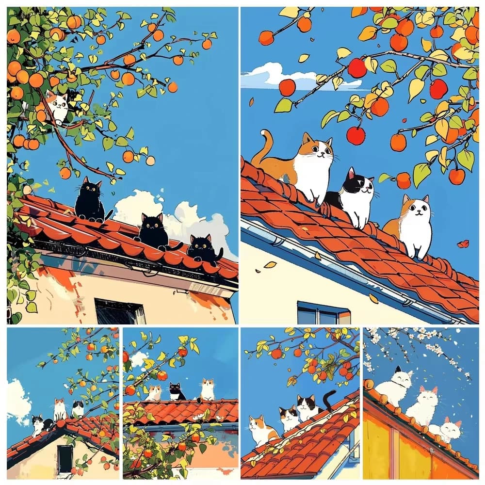 DIY Cute Cat Diamond Painting, Persimmon Tree Red Tile Roof Blue Sky Scenery For Living Room Wall Decoration