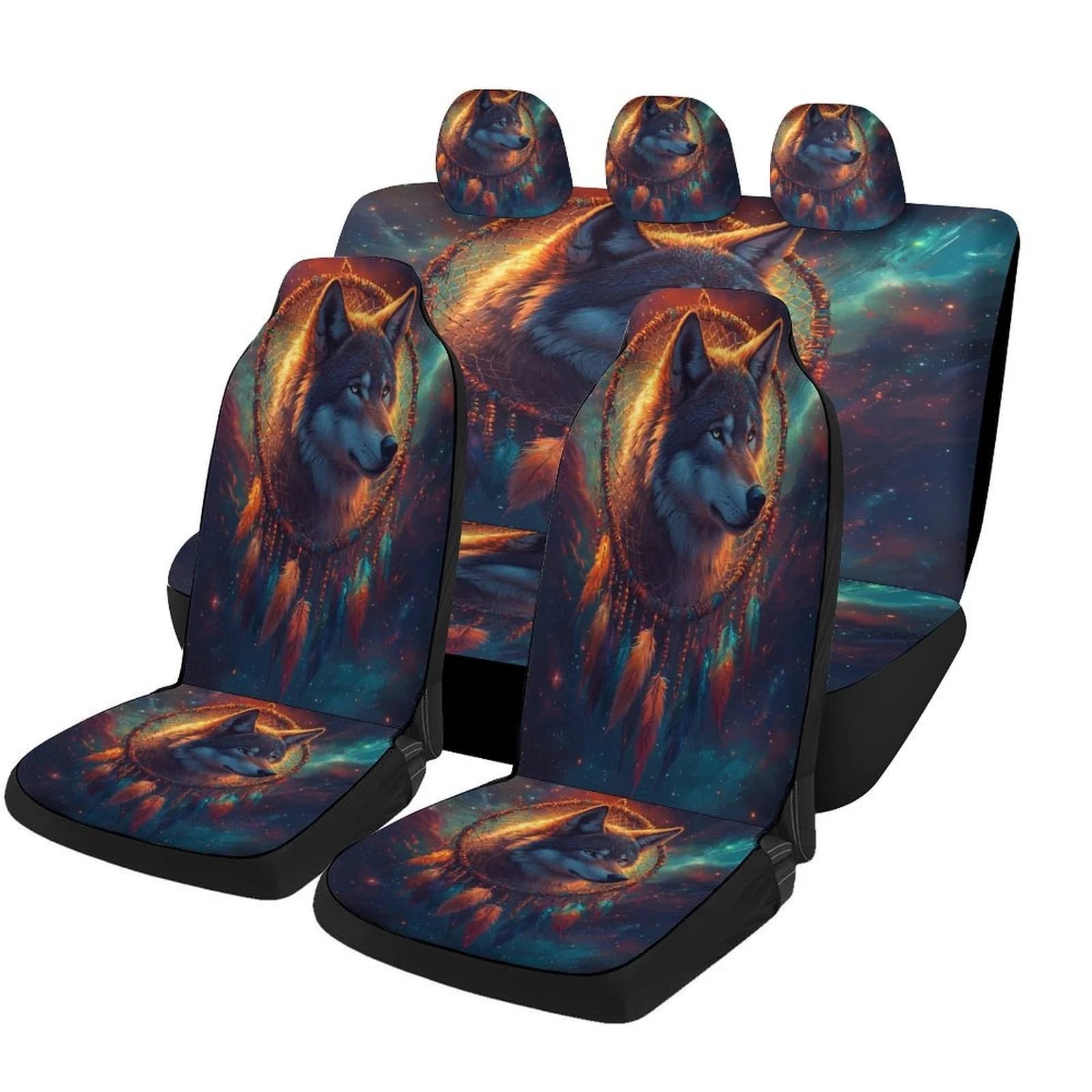 Wolf Dreamcatcher Cosmos Themed Car Seat Cover Set For Most Cars, Trendy High-quality Car Seat Protector Covers Full Set, Univer
