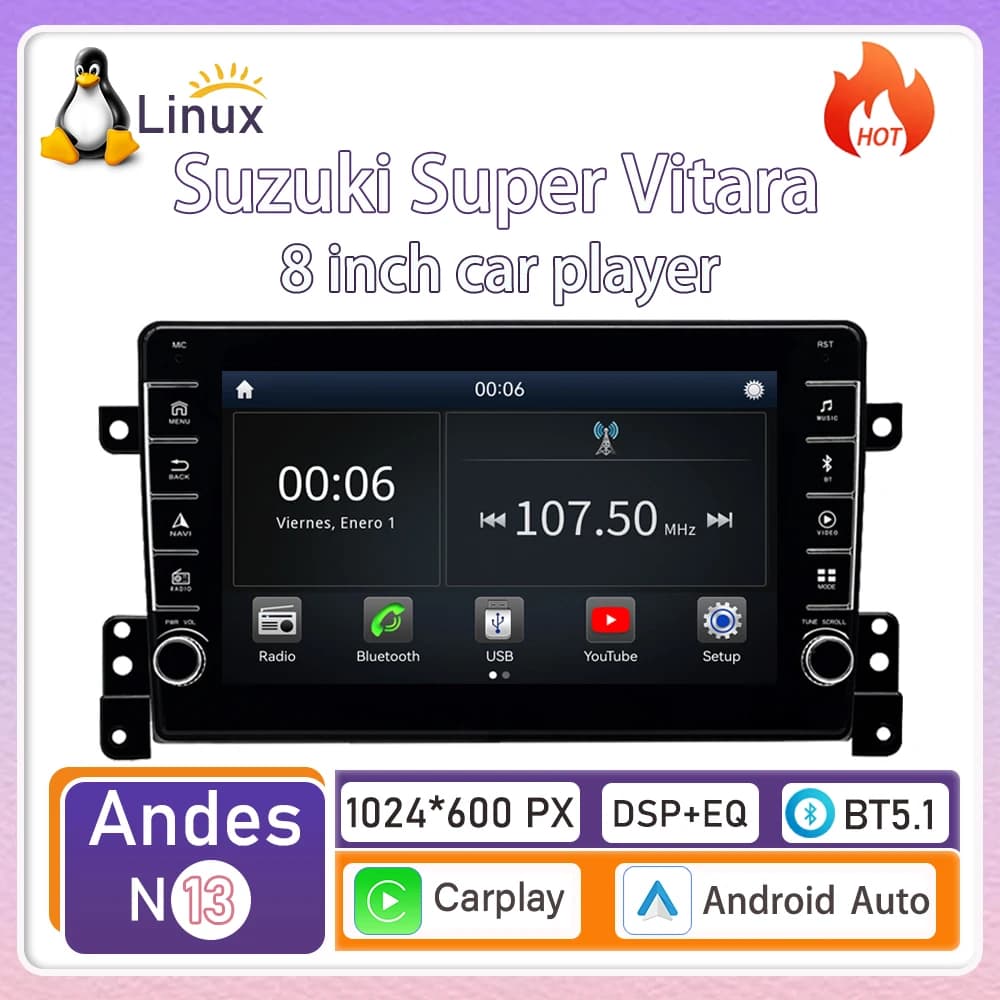 Per Suzuki Super Vitara, dispositivo in-veicolo wireless CarPlay da 8 pollici con nuovo sistema Linux, nuovo modello, navigazione, video