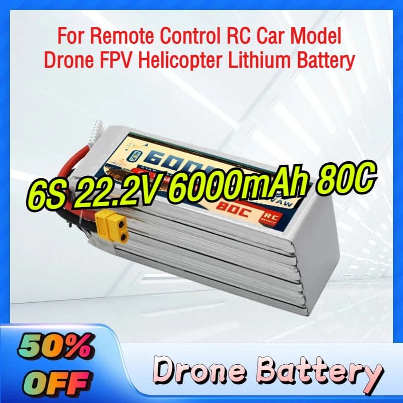 VSVAW Nuova Batteria al Litio 6S 22.2V 6000mAh 80C per Droni, Auto RC, Modelli FPV ed Elicotteri Telecomandati
