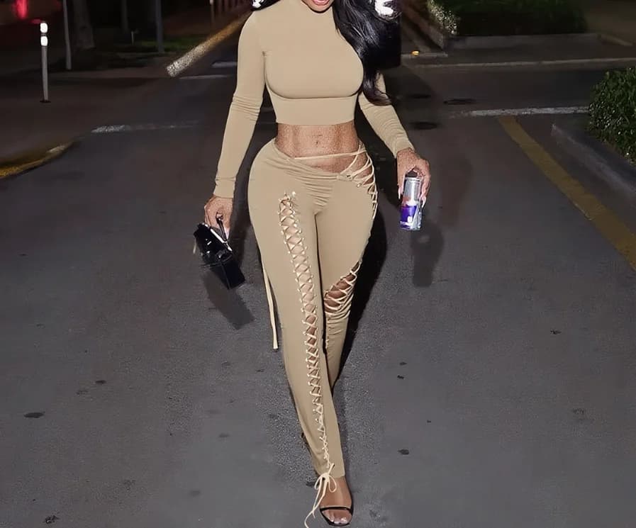 Sexy Women's 2-Piece Spring New European and American Spicy Girl Exposed Navel T-Shirt and Hollowed Out Rope Tight Pants Set