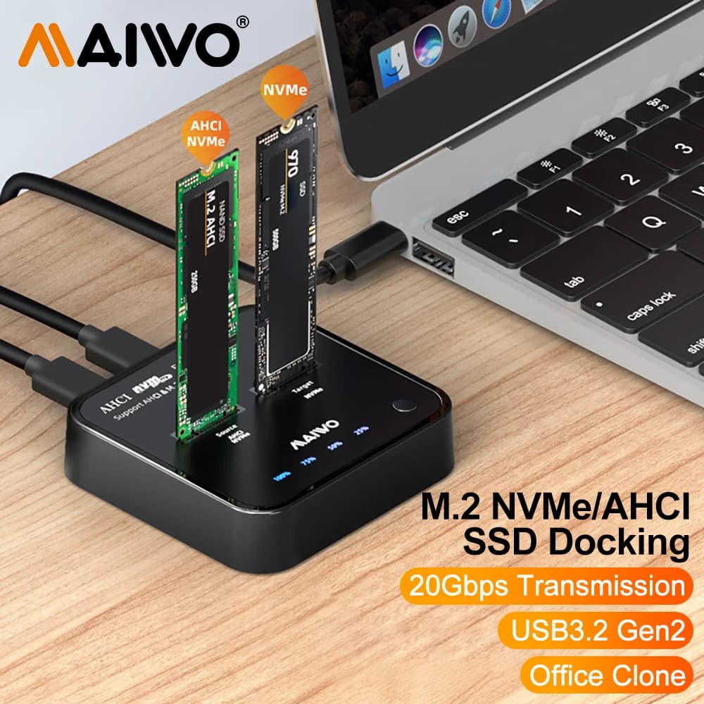 MAIWO M.2 NVMe SSD Enclosure 20Gbps USB3.1 Gen2 Case Esterno per NVMe Supporta NVMe/AHCI Box di Archiviazione a Doppia Porta con Funzione di Copia