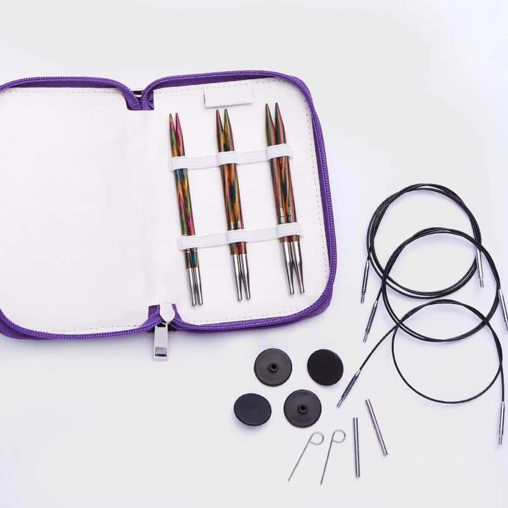 1 set da 3 paia di set di ferri da maglia circolari intercambiabili Knitpro Symfonie Starter con 3 cordoncini e altri piccoli accessori