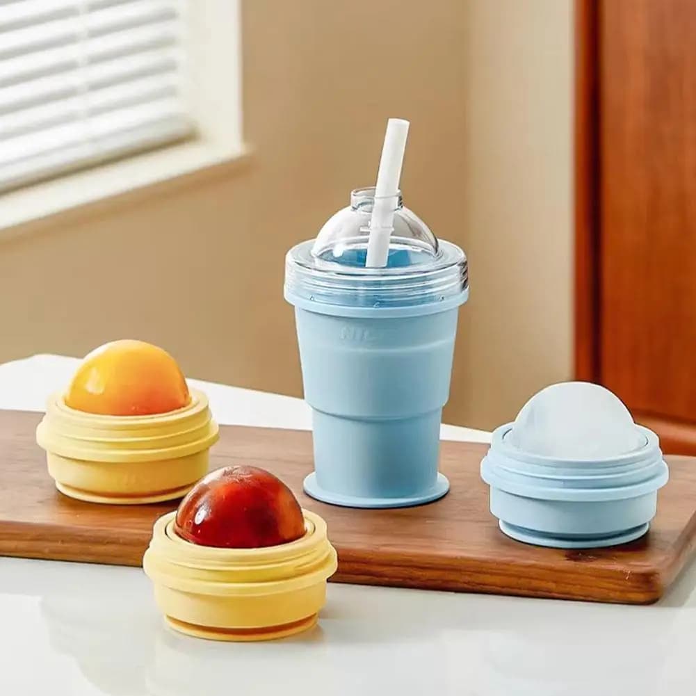 Nuovo Bicchiere Portatile Pieghevole per Ghiaccio con Cannuccia, Stampo per Ghiaccio in Silicone Alimentare, Tazza per Acqua da Viaggio Estiva per Esterni