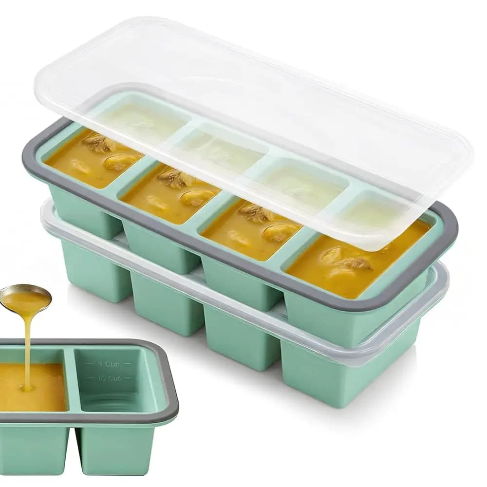 Set di 2 Vaschette in Silicone per Congelatore con Coperchio - Contenitore per Zuppa da 1 Tazza / 4 Scomparti per Brodo, Salsa e Preparazione Pasti - Grande