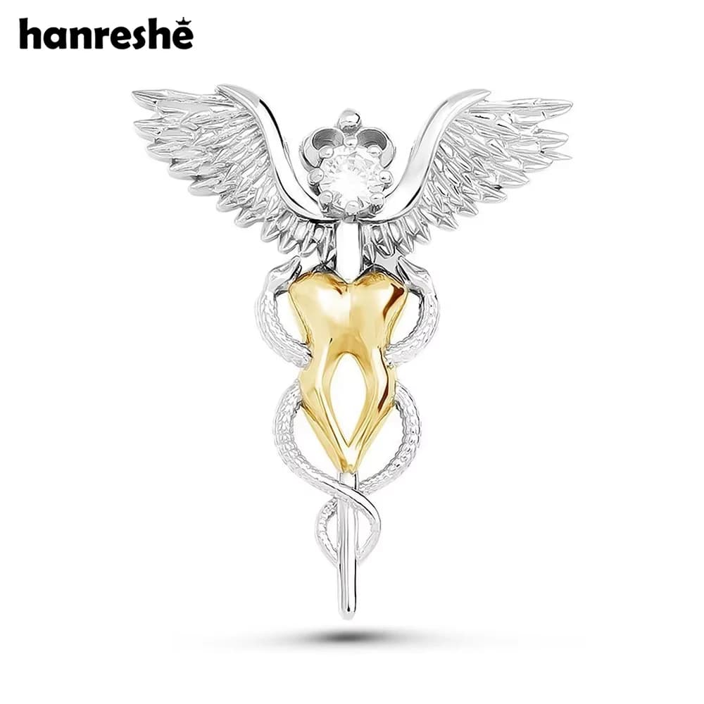Hanreshe Lusso Caduceo Dente Ali Spilla Dentista Medico Bavero Zaino Serpente Bastone Distintivo Spilli Gioielli Regalo per Il Dottore Dentale