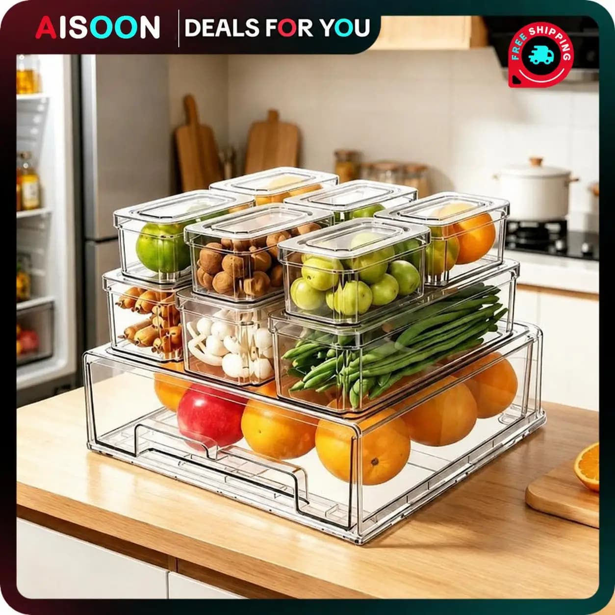10/14Pcs Fridge Organizer Bins with Lids Pull-out Drawer Stackable Clear Plastic Storage Containers BPA-Free Refrigerator Food Fresh Box for Vegetables Drinks Kitchen Pantry Cabinet Organization