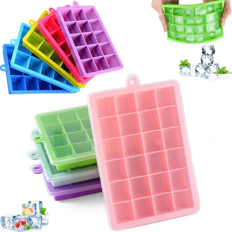 Stampo per Ghiaccio a 24 Scomparti in Silicone Alimentare con Coperchio, per Cubetti di Ghiaccio, Utensili per Bevande, Whisky e Cocktail