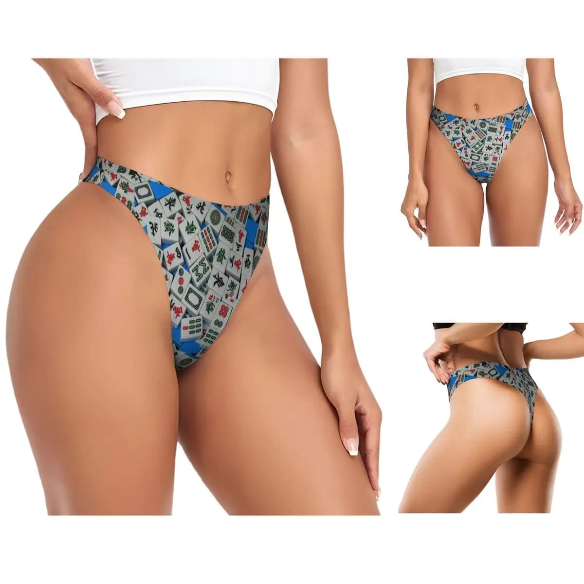 Custom Mahjong Tile Pattern G-string Panties Breathable Women Stretch Thongs Comfort Underwear