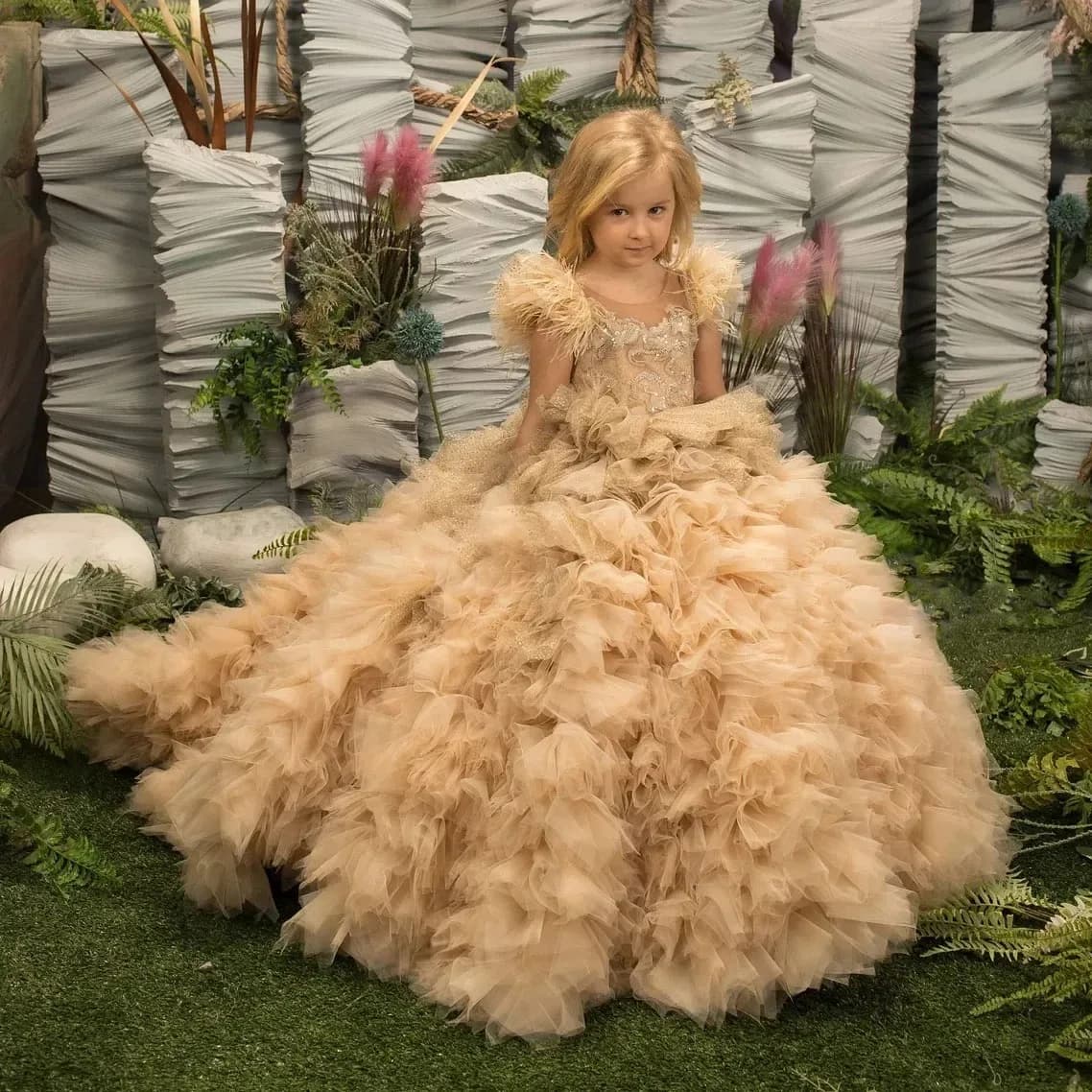 Abito da ragazza di fiori gonfio per matrimonio, applicazioni in tulle, lunghezza del pavimento, festa di compleanno per bambini, abito da prima comunione