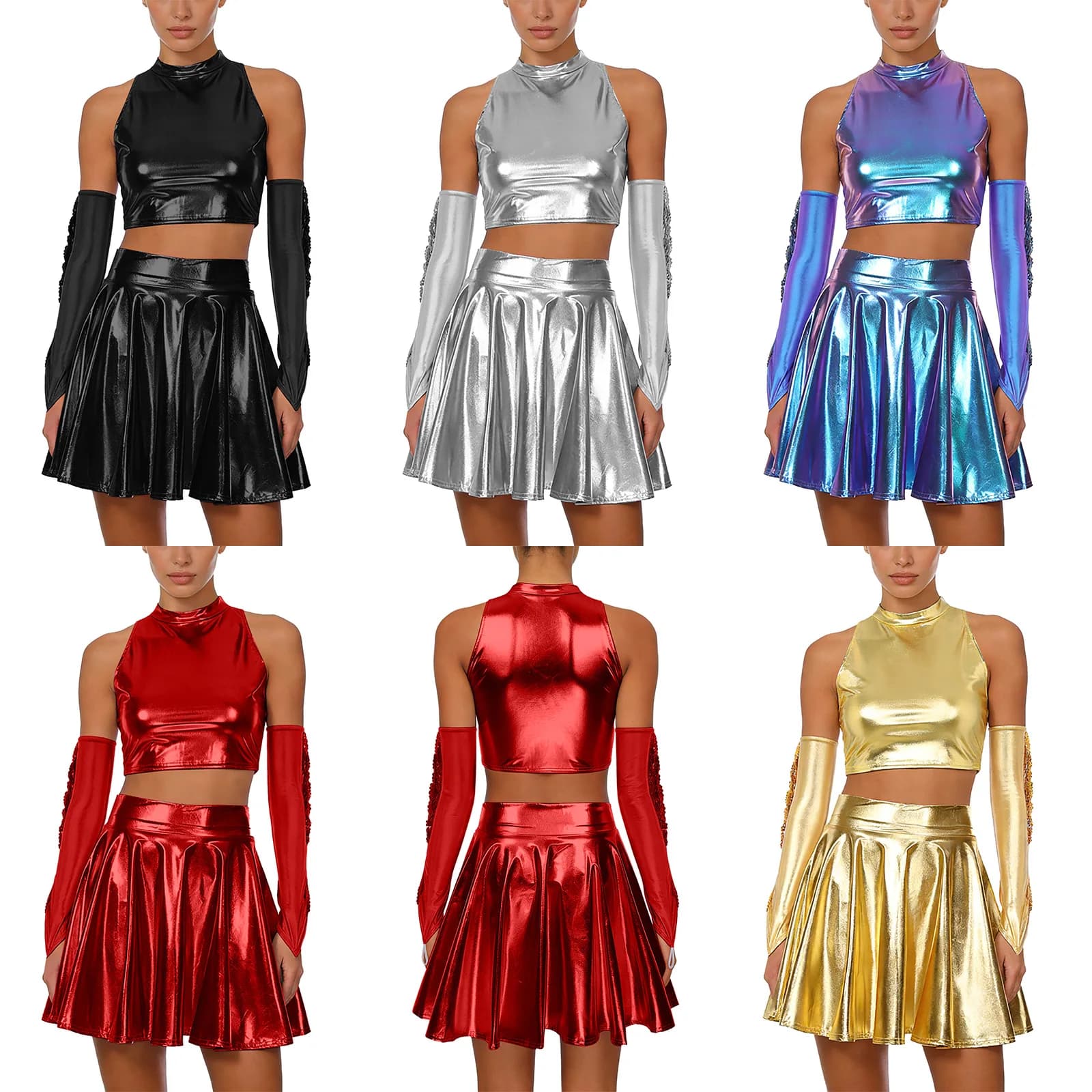 Womens Metallic Shiny Rave Dance Outfits Mock Neck Sleeveless Vest Miniskirt And Fingerless Gloves with Sequin Tassel Costume