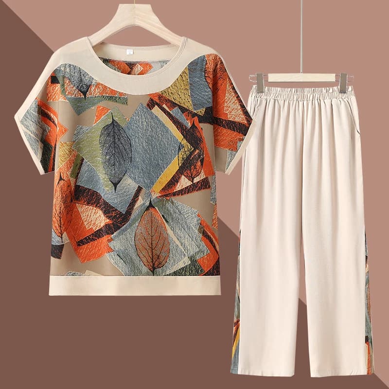 Women Elegant Printed Pantsuit Round Neck Three Quarter Sleeve Tops Loose Bottom Pants Sets New Popular Streetwear Clothes Wh10