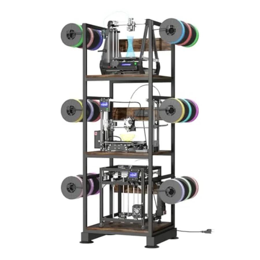 3D Printer Stand with Filament Storage Heavy-Duty Steel Rack with Power Outlet Black for ABS/PLA/TPU Spools in 3D Printing Work