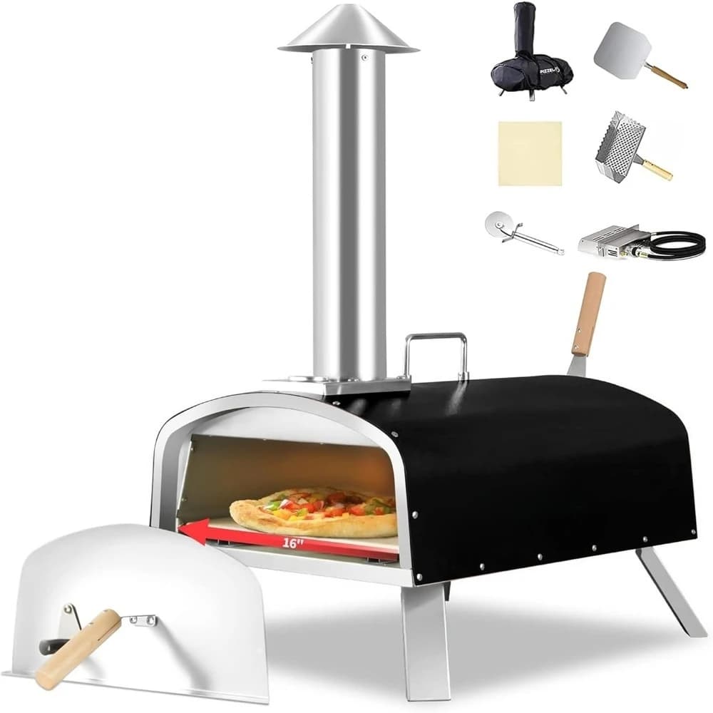 NUOVO-Nero, Forno per Pizza da Esterno da 16" a Propano e Griglia per Pizza in Acciaio Inossidabile con Bruciatore a Gas, Vassoio in Legno Pietra per Pizza - Migliore