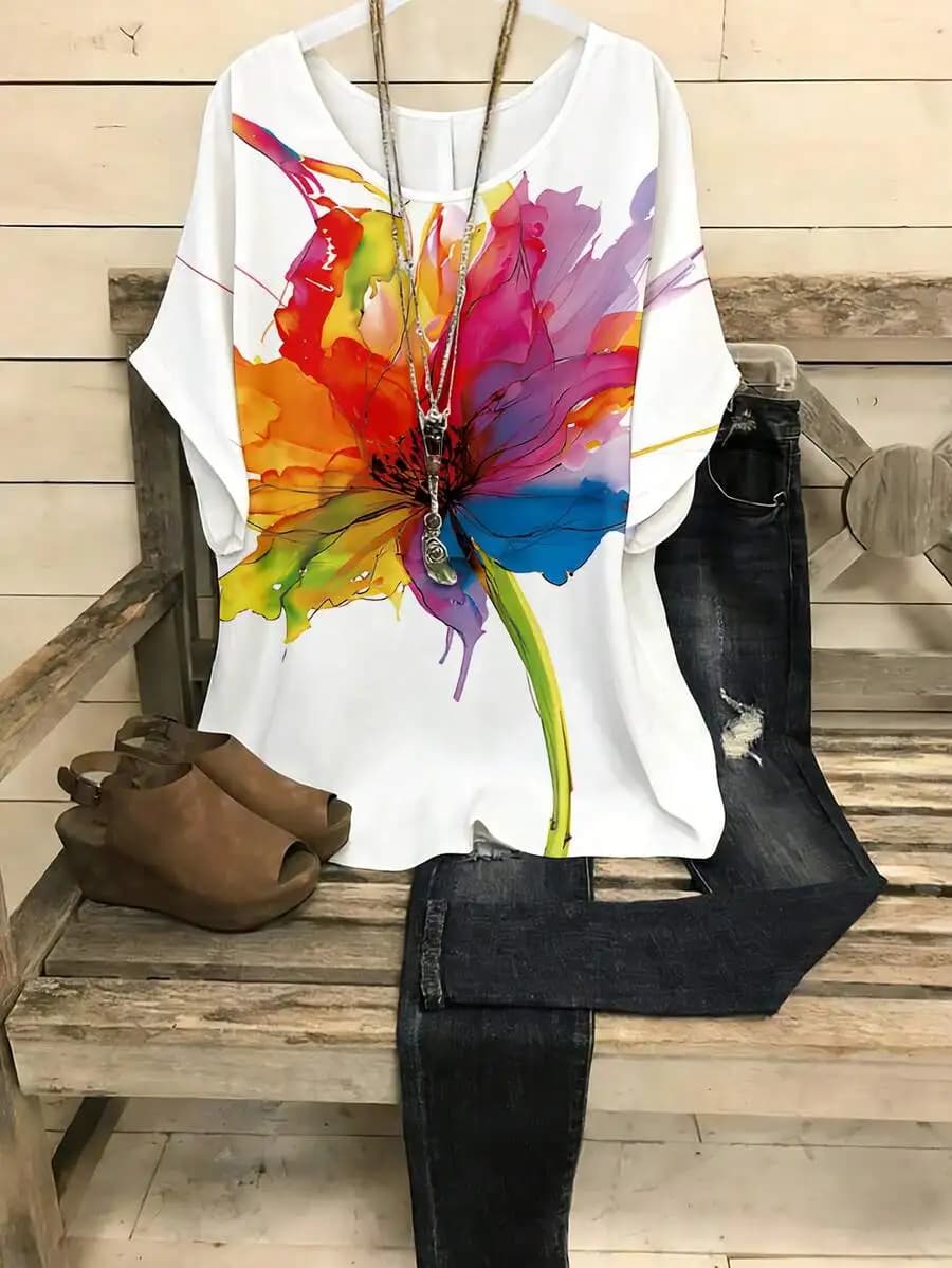 Camicetta casual da donna con scollo rotondo e spalle scoperte con stampa floreale estiva