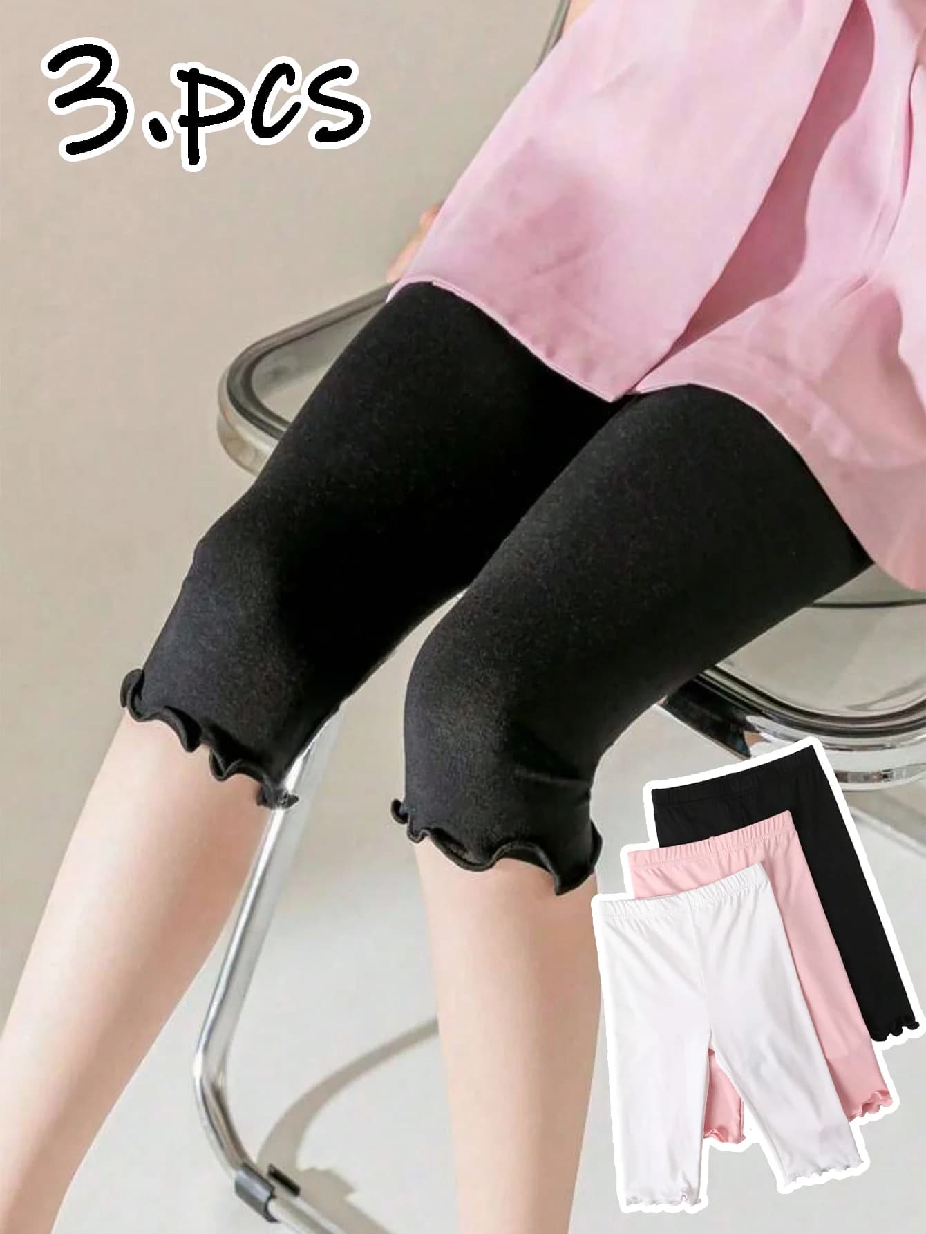 3 paia di leggings a vita media con bordo ondulato per bambini, pantaloni attillati semplici, carini e alla moda per ragazze dai 2 ai 11 anni, da indossare ogni giorno in estate