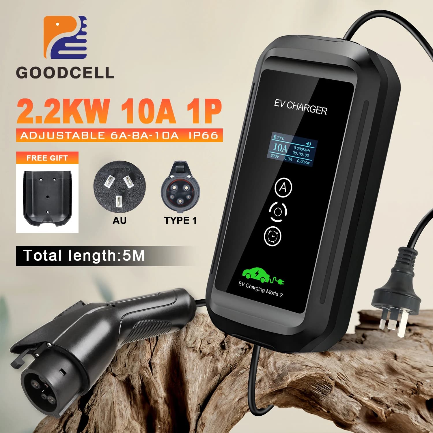 Caricatore EV GOODCELL 2.3KW Tipo 1 con Spina AU/NZ, 6/8/10A Regolabile, IP66, Caricatore EVSE Portatile per Casa e Auto